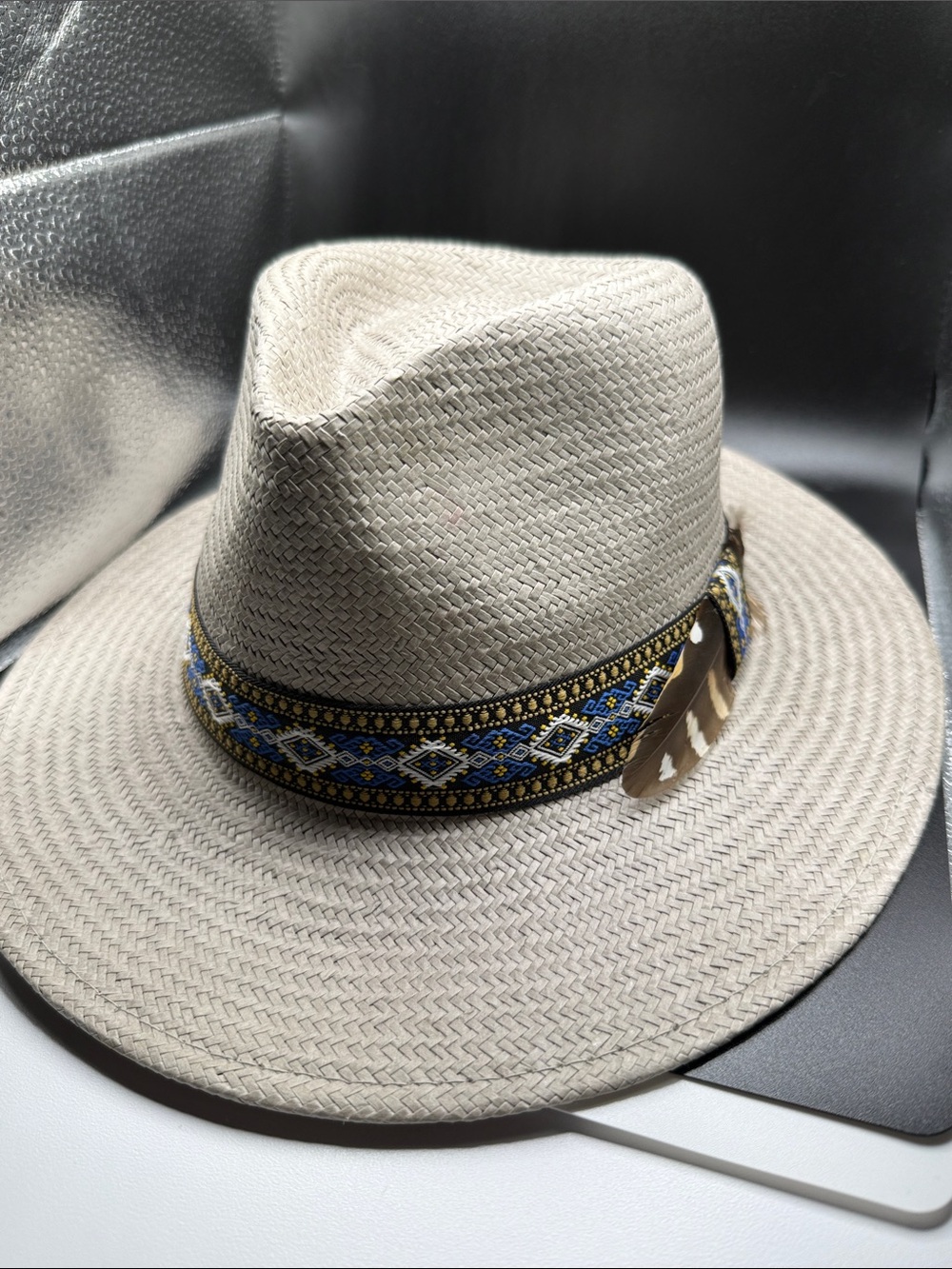 Overland light gray Straw Fedora with Embroidered Band